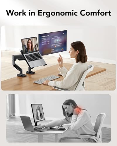HUANUO 2 in 1 Function Laptop Mount with Tray, Fits 13-34″ Monitors & Up to 17″ Notebook, Ergonomic Laptop Arm with Full Motion Adjustment, Laptop Stand for Desk, VESA 75x75mm/100x100mm