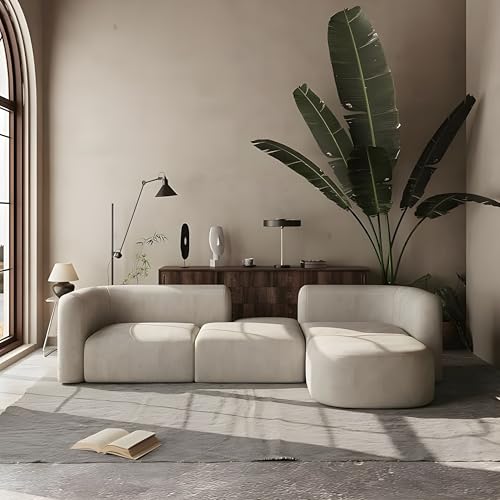 Image of Modern Classic L Shape Sectional Sofa Set, Chesterfield Style 4 Seater Sofa Set with Pillows for Living Room, Bedroom and Office, Office, and Hallway Colour (Modular 4 Seater Beige)