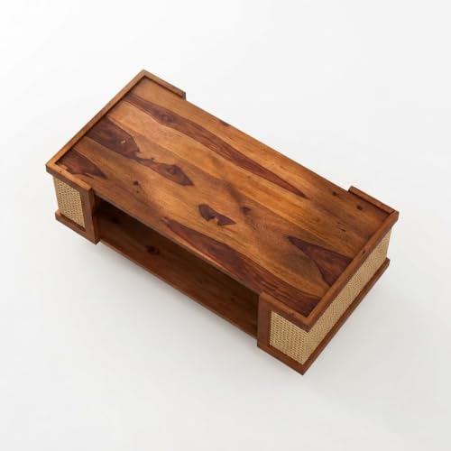 Image of Wooden Centre Table for Living Room | Modern Coffee Table with Cane Rattan Side Panels & Open Storage Shelf | Rectangle Center Table for Home, Drawing Room & Office | Solid Wood Tea Table