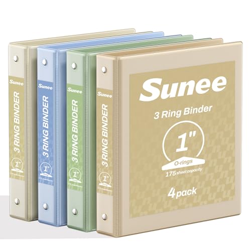SUNEE 3 Ring Binder 1 Inch 4 Pack, Clear View Binder Three Ring PVC-Free (Fit 8.5x11 Inches) for School or Office Supplies, Neutral Aesthetic
