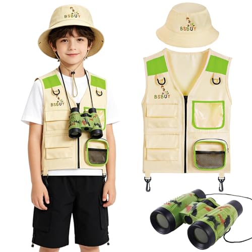 KFSCIP 3 Pcs Safari Costume Accessories Set Explorer Costume Kids Outdoor Adventure Kit Safari Costume Kids Role Play Equipment Explorer Costume Kit with Safari Vest and Hat and Binoculars