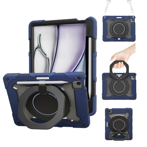 ACEMO for iPad (A16) 11th Generation Case 2025/ iPad 10th Generation Case 2022 10.9 inch with Pencil Holder, 360° Rotating Kickstand Handle, Shoulder Strap for Kids Girls Protective Cover, Blue