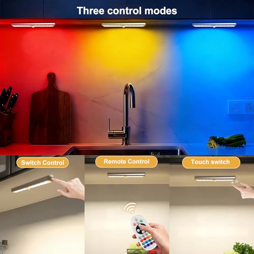 Image of Under Cabinet Lights with Remote Control,15 Colors Under Cabinet Lighting Wireless,Rechargeable Battery LED RGB Night Light Bar withTimer,Dimmable Under Counter Lights for Indoor Kitchen,3Pack