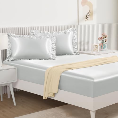 Image of Homiest Light Grey King Ruffle Pillowcase & Satin Fitted Sheet Set 3Pcs | Silky Satin Protects Hair And Skin, 15-Inch Deep Pocket, Pearlescent Soft Calming Tone, Easy Machine Wash Care
