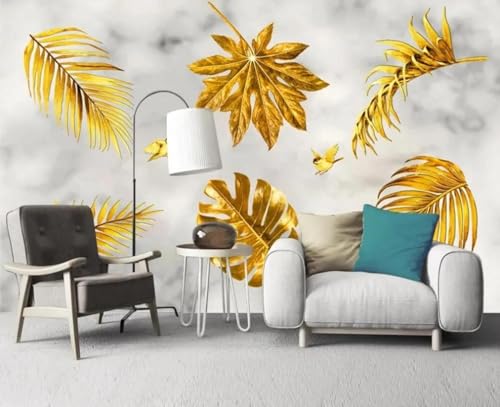 Papier peint mural 3d feuilles d'or pour masquer un mur abîmé de salon