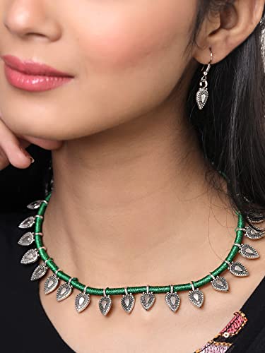 Image of Yellow Chimes Women and Girls Traditional Silver Oxidised Choker Jewellery Set - Black