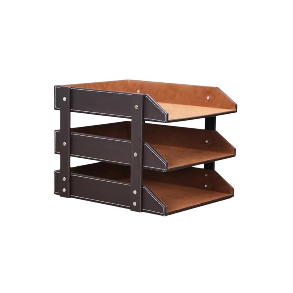 FZL02068LM Paper Organizers Leather Desk File Organizer, 3-Layer Stackable Tray, Used to Store documents folders Stationery Office Trays(Bruin)