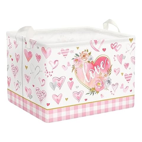 Clastyle Valentine's Day Love Gift Basket Empty Pink Buffalo Plaid Flower Heart Girl Basket Rectangle Clothes Book Shelf Basket Toy Storage Cover