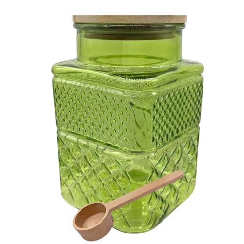 Coriario 60oz Vintage Glass Jar with Airtight Lid and Wood Spoon Green Square Decorative Glass Storage Jars Canisters for Kitchen Counter Flour Sugar Cookie Coffee Tea