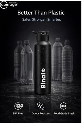 Image of COURAGE Stainless Steel Customize Sipper Water Bottle 1Liter Leak Proof for Fridge Home Office Travel School Kids Boys Girls Adults Sports Gym Yoga - Black