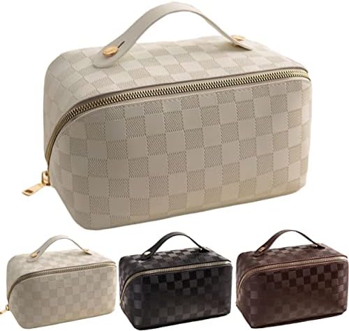 BIVIZKU Large Portable Makeup Bag Portable Travel Cosmetic Bag Opens Flat for Women Girls Gift Makeup Pouch Portable Zipper Bag (white beige-checkered)