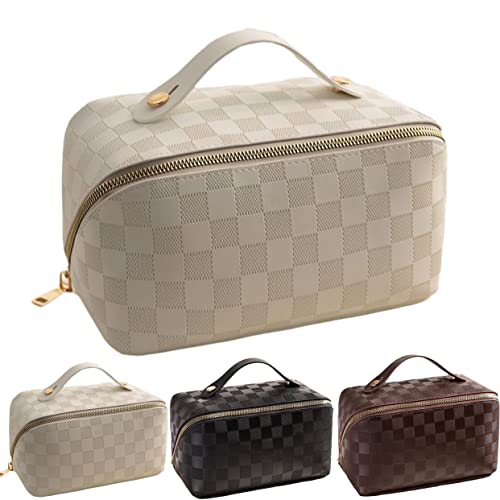 Bivizku Large Portable Makeup Bag Portable Travel Cosmetic Bag Opens Flat For Women Girls Gift Makeup Pouch Portable Zipper Bag (White Beige-Checkered) #TOP2