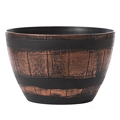 Brown Outdoor Rustic Half Barrel Flower Garden Planter Bowl, Plastic, Large #TOP3