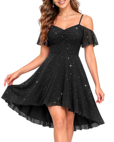 Pinup Fashion Black Sparkly Homecoming Short Prom Cold Shoulder Teen Dress