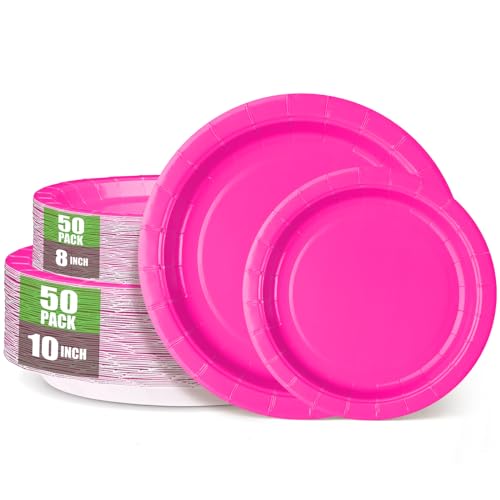 CENLBJ Disposable Paper Plates Hot Pink-50 x 10 Dinner Plates and 50 x 8 Dessert Plates,Heavy Duty party paper supplies for Birthday, Family Gathering,Halloween,Christmas