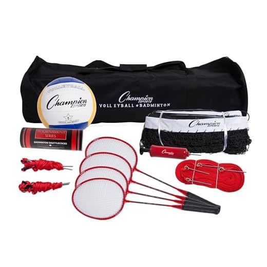 Champion Sports CG202 Volleyball & Badminton Set: Net, Poles, Ball, Rackets & Shuttlecocks, Portable Equipment for Lawn, Beach & Tournament Games