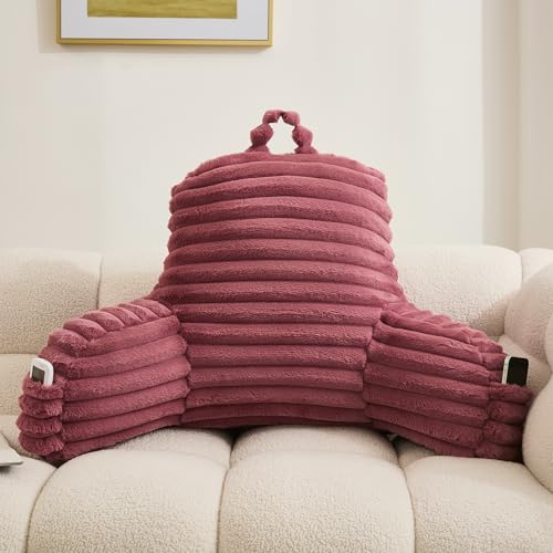 Werdim Reading Pillow For Sitting In Bed, Faux Fur Back Pillow For Bed Rest, Bed Chair Pillow With Arms And Pockets