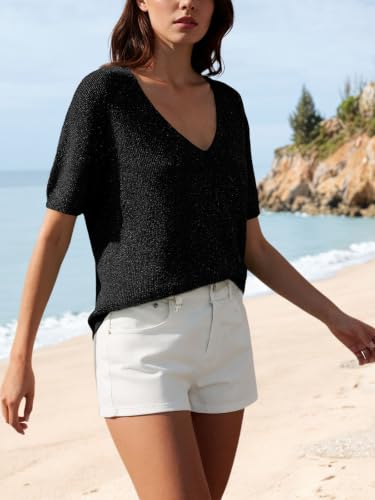 Image of Saodimallsu Womens Short Sleeve Sweater Summer V Neck Casual Tops Lightweight Loose Knit Pullover Shirts