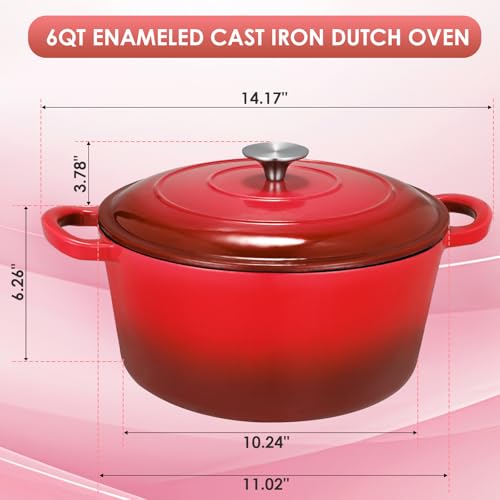 LIFERUN 6 Qt Enameled Cast Iron Dutch Oven Pot with Lid,Oven Safe up to 500° F, Non-Stick Dutch Oven with Dual Handles for Bread Baking, Fry Foods, Braising, Stews, Roasting (Red)