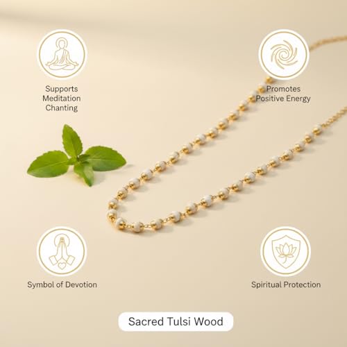 Image of Gold Plated Tulsi Mala 54 Beads | Original Tulsi Japa Mala for Puja, Chanting & Meditation | Certificate of Authenticity | Spiritual Rosary for Men & Women