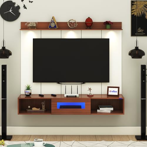 Image of Anikaa Novus PVC Back Panel Wall Mounted TV Unit with Spot & Blue Ambient LED Light - Acrylic Storage Box, Display Shelf & Soft-Close Hinges | Ideal for UP to 50 Inch TV (Walnut - DIY Installation)