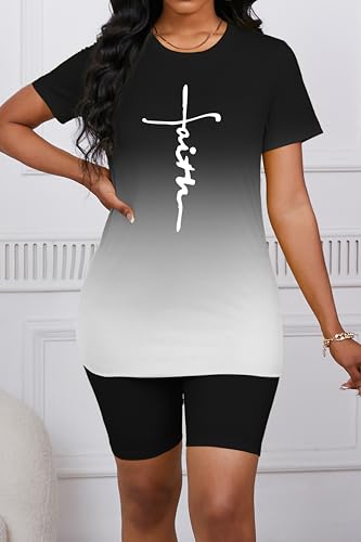 PINSV Women's 2 Piece Outfits Summer Printing Bodycon Short Pants Workout Sets4