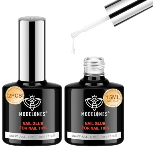 Image of modelones 10 in One X Nail Gel Glue Gel Base Coat Brush On Nail Polish Glue 2pcs 15ml for Tips, Rhinestones, Blooming Art Hema-Free Gel Kit for Acrylic Tips U V Lamp Needed
