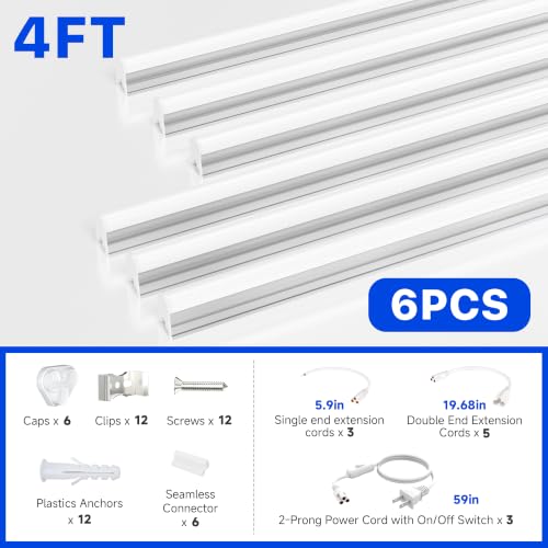 Image of Ensenior 6-Pack T5 LED Shop Lights, 4FT 2000LM 6500K Super Bright White Integrated Single Fixture, 20W Linkable Utility Commercial Lighting for Gym /Garage /Ceiling /Under Cabinet, Plug & Play, FCC