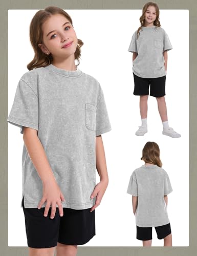 Image of COZYPOIN Unisex Kids Vintage Acid Wash Cotton Tees Crew Neck 3-16Y | 100% Cotton Boys Oversized T Shirt, Crew Neck, Short Sleeve, Front Pocket, Vintage Acid Washed Kids Tees for Boys Girls