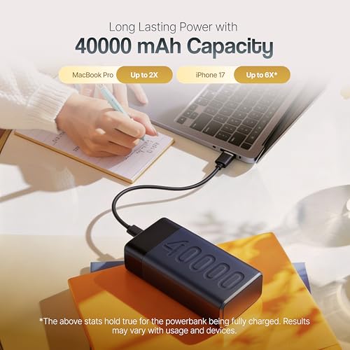 Image of Ambrane Semi Solid Battery Powerbank 40000mAh, New Battery Technology - Extremely Safe with Negligible Fire Risk, 65W Fast Charging - Macbook, Type C Laptop, Mobiles, Other Devices (Stellar 40K,Green)