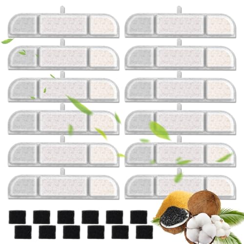 12+12 Packs for DownyPaws Cat Water Fountain Filters Replacement Compatible with DownyPaws Wireless 84oz/2.5L and 101 oz/3L Pet Water Fountains (12 Replacement Water Filters + 12 Pre-Filter Sponges)