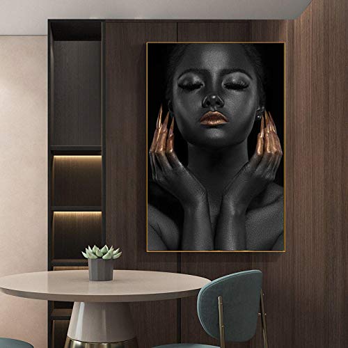 Art africain sur toile haut de gamme : affiche femme noir et or 50x70cm