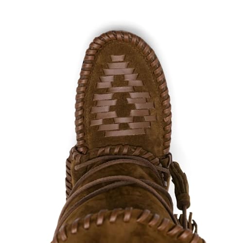 Agodor Women Slouched Ruched Fold Over Mid Calf Boots Suede Leather Woven Fringe Western Cowboy Boots Flat Lace Up Retro Short Booties3