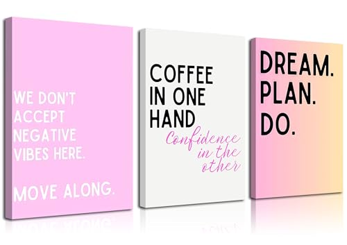 3Pcs Pink Feminine Motivational Canvas Wall Art Inspirational Office Wall Decor Pictures We Don't Accept Negative Vibes Here Move Along Posters Prints for Office Study Room Artwork Home Decoration
