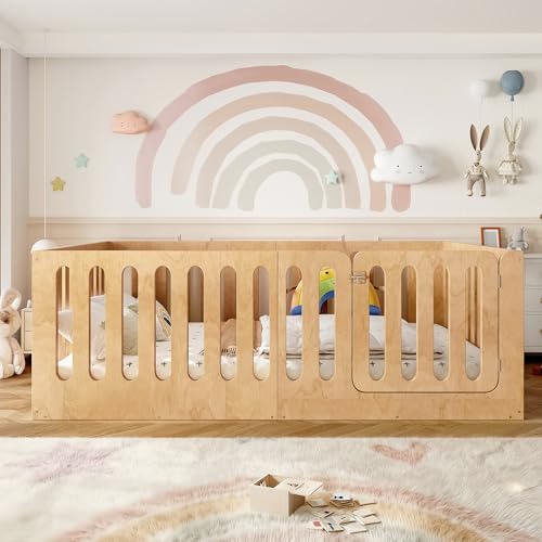 KEIKI Full Size Wood Montessori Floor Bed Frame with Door, for Girls and Boys, Modern Style Low-Profile Design Floor Bed with High Fence, Easy Assembly, No Box Spring Required, for Bedroom, Natural by KEIKI - Used condition - Image 2