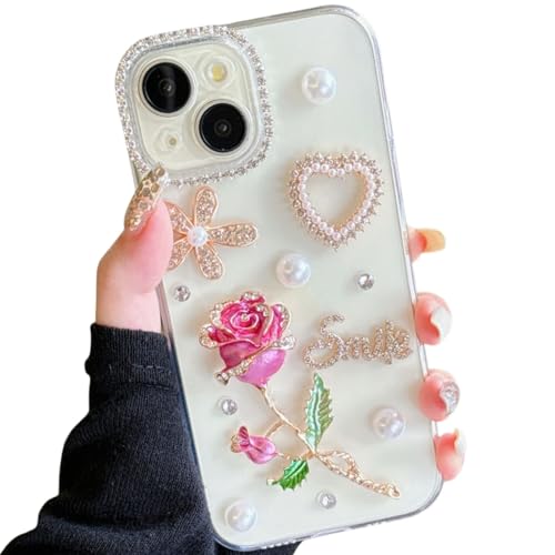for Motorola MOTO G35 Diamond Phone Case, Shiny 3D Metal Rose Flower & Bling Glitter Rhinestone Pearl Love Floral Petal Women Girl