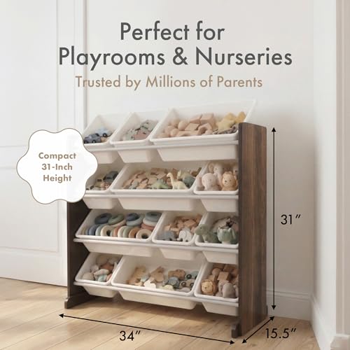 Image of Humble Crew Toy Storage Organizer with 12 Removable Storage Bins for Kids Playroom, 4-Tier Toddler Toy Organization, Espresso /White