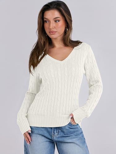 Image of ANRABESS Women's Cable Knit V Neck Fitted Sweaters