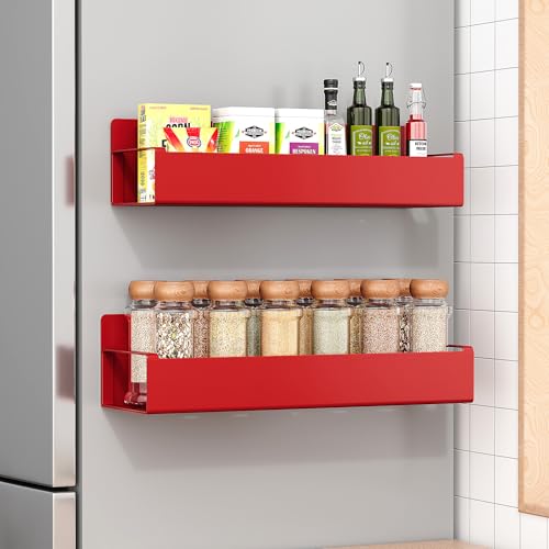 Image of OrganizeMee Movable Kitchen Organizer Storage Spice Magnetic Rack,Decorate Your Fridge,Washing Machine & Microwave Oven with Metal Fridge Side Rack 1 Year Warranty: Red,Window Mount,Floating Shelves
