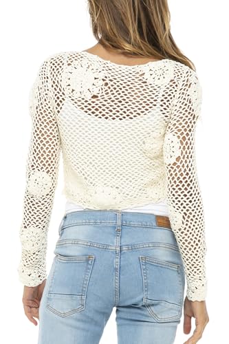 Back From Bali Womens 100% Cotton Crochet Tie-Front Artisan Shrug Sweater Cropped Lightweight Flower Knit Bolero2