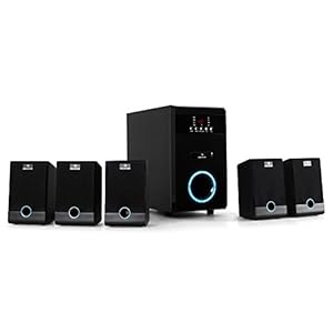auna 5.1-JW 5.1 Surround Sound System home cinema-systeem (actieve subwoofer, 95 watt RMS, 5,25 “woofer, basreflex, 5 x satellietluidsprekers, afstandsbediening, LED) zwart