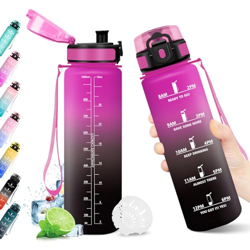 KollyKolla Botella Agua Deportiva 1L, Garrafa Agua sin BPA, Botella con Marca de Tiempo con Filtro, Motivacional, Reutilizable, Cantimplora para Escuela, Oficina, Sport, Yoga, Gimnasio