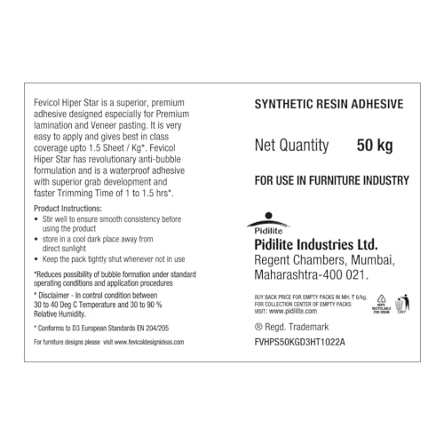 Image of Pidilite Fevicol Hi-PER Star, 50kg- Technologicaly Advance waterproof woodworking Adhesive, Anti Bubble Formula, Faster Grab, Easy to Use