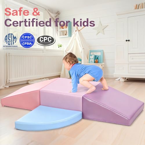 Image of Climbing Foam Blocks for Toddlers: PU Leather Foam Blocks for Kids Active Play - Toddler Climbing Toys Indoor - Durable Playground Gym Preschool Toddler Toys for Boys and Girls (Purple /Pink)