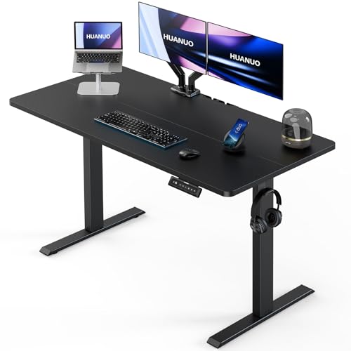 HUANUO Electric Standing Desk, 55' x 24' Height Adjustable Desk, 4 Memory Height Settings, Sit to Stand Up Desk for Home Office, with Headphone Hook, Cable Manager, Black