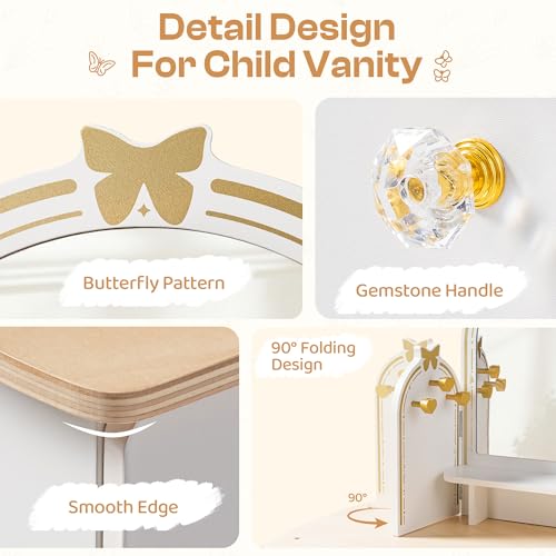 Image of ROBOTIME White Kids Vanity Set Butterfly Mirror & Stool Small Girl Vanity Desk with 2 Drawers Kids Make up Pretend Play Table Ideal Birthday for Toddler Age 3+ Bedroom Playroom Decor