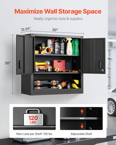 VEVOR Hängeschrank Werkstatt, 762 x 305 x 762 mm, Werkzeugschrank aus Stahl mit abschließbaren Türen & verstellbarem Regal, Wandhängeschrank für Garage, Keller, Küche, Lager, schwarz