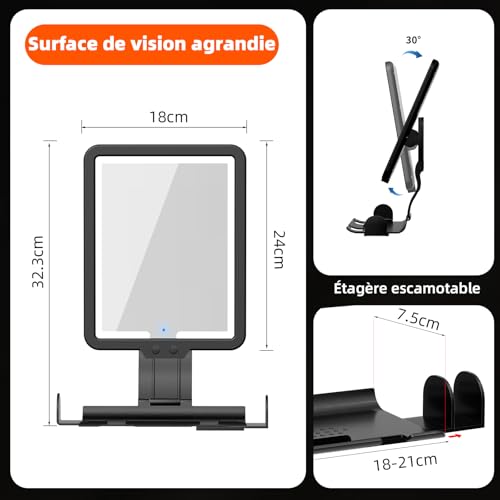 Miroir anti-buée rechargeable 3 modes de couleurs avec éclairage LED dimmable - 6
