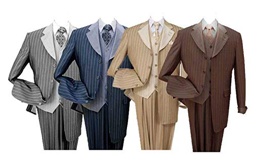Pinestripe Fashion Suit with Contrast Collar, Cuffs & Vest, 4 Colors2