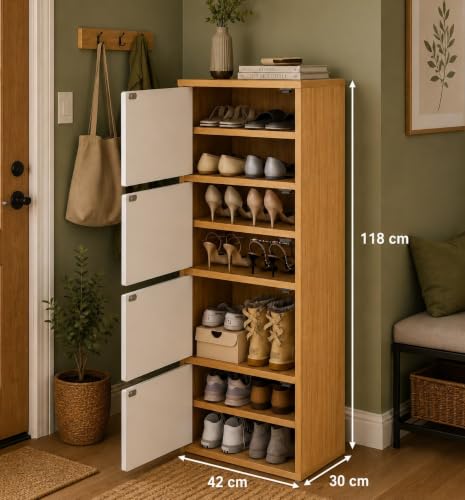 Image of 4-Door Engineered Wood Shoe Rack, 11-Tier Wooden Shoe Rack for Entryway, Shoe Storage Cabinet with Doors Adjustable Shelves, Wooden Shoes Rack Organizer - NEW (Mapple, 7 - Layer)
